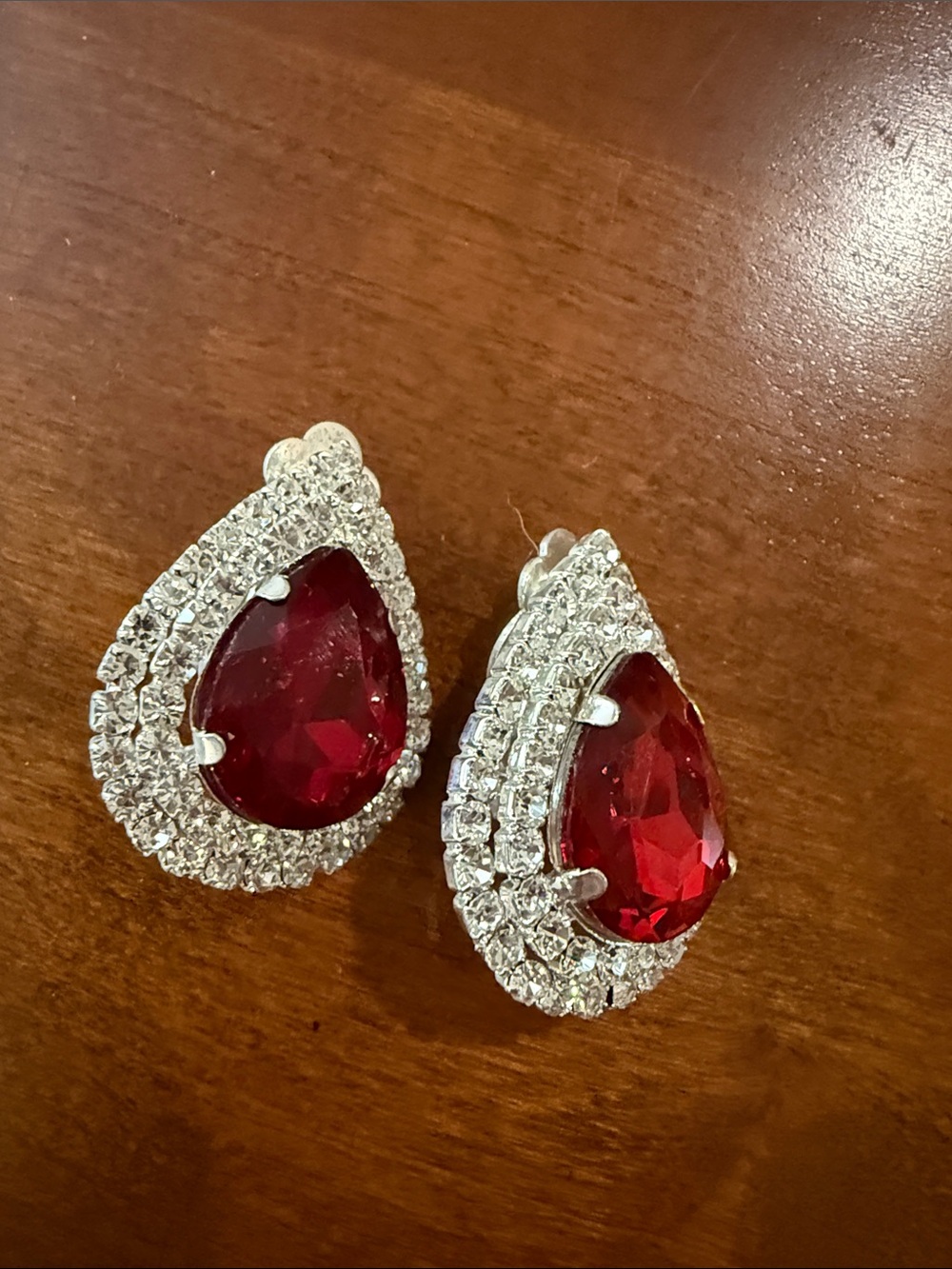 Red Teardrop Crystal Halo Earrings - Women's Sparkling Studs